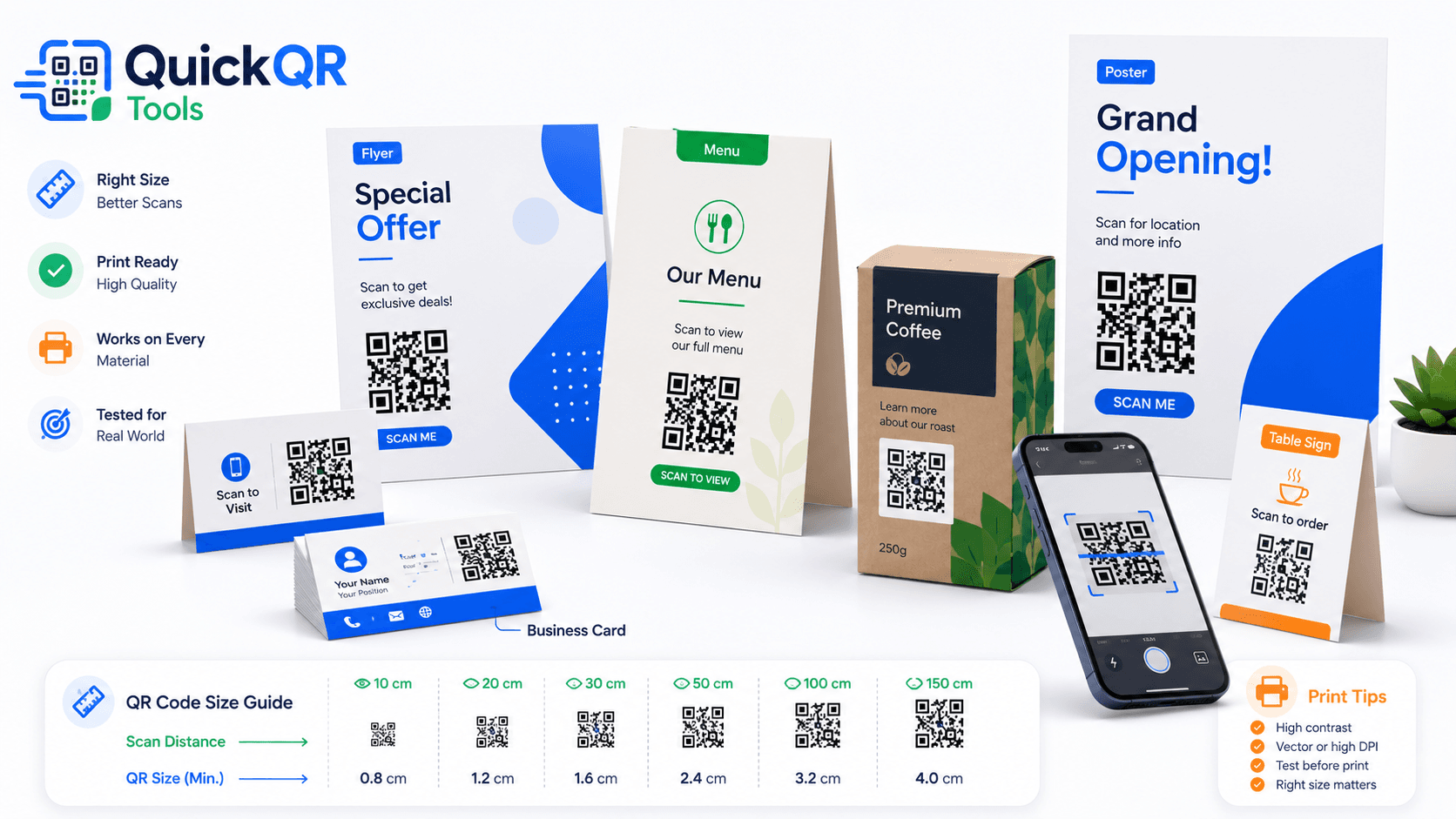 Best QR code size for print guide by QuickQR Tools