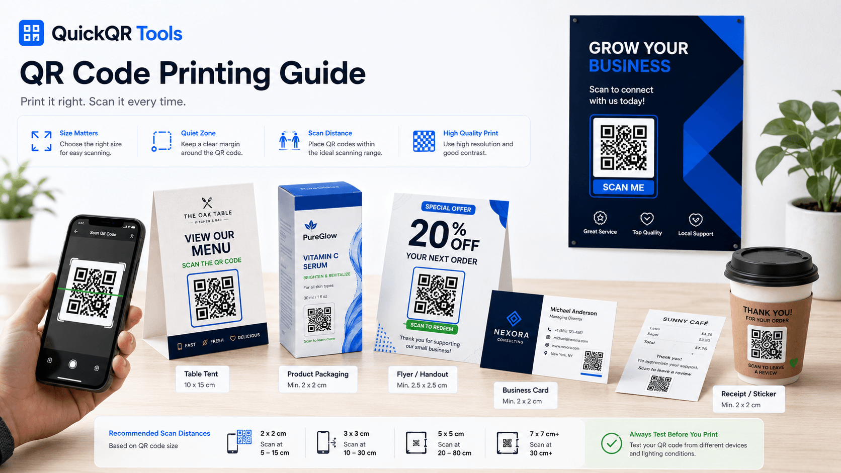 qr code printing guide for size distance and scan quality by QuickQR Tools