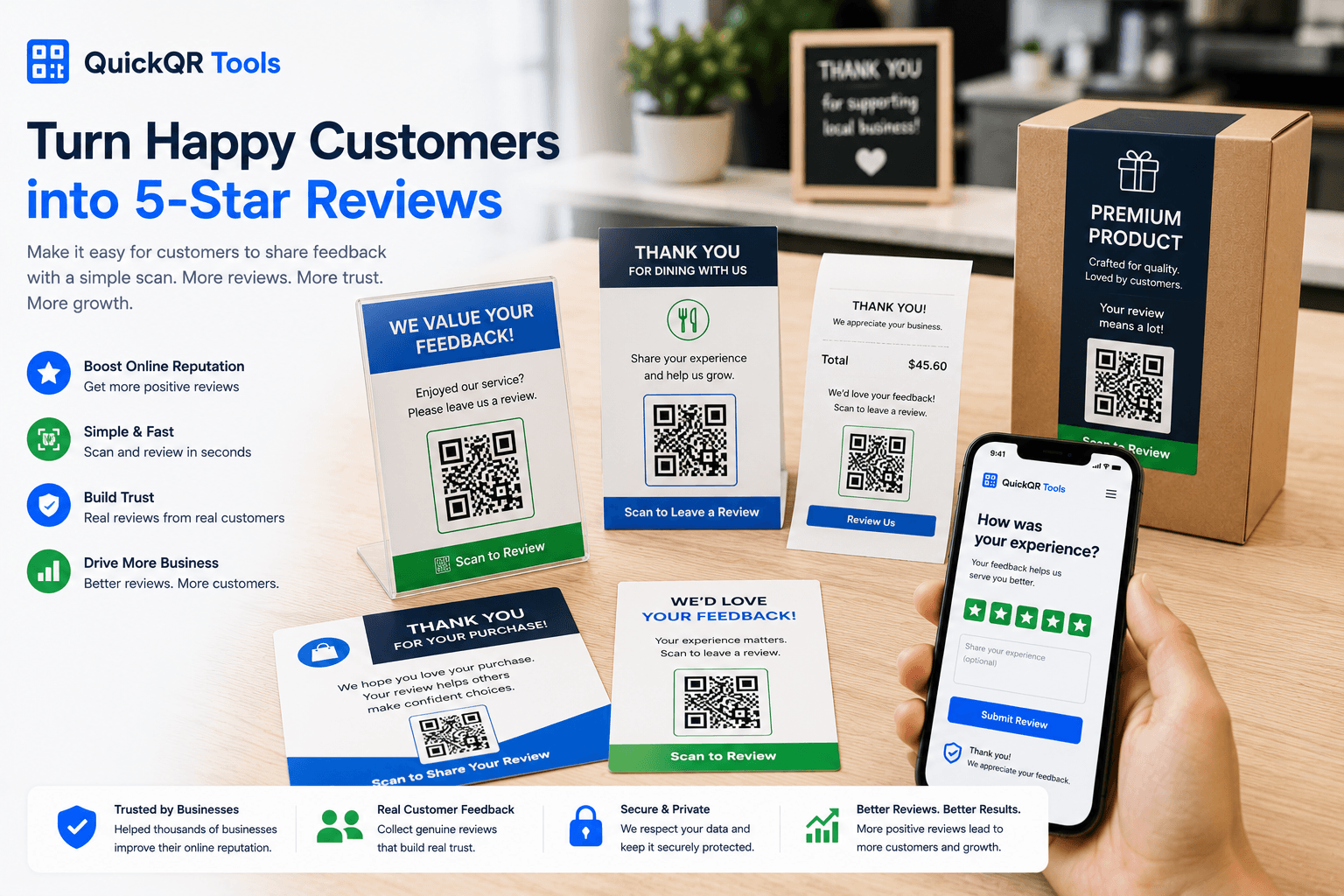 QR codes for customer reviews on receipts table cards packaging and thank you cards