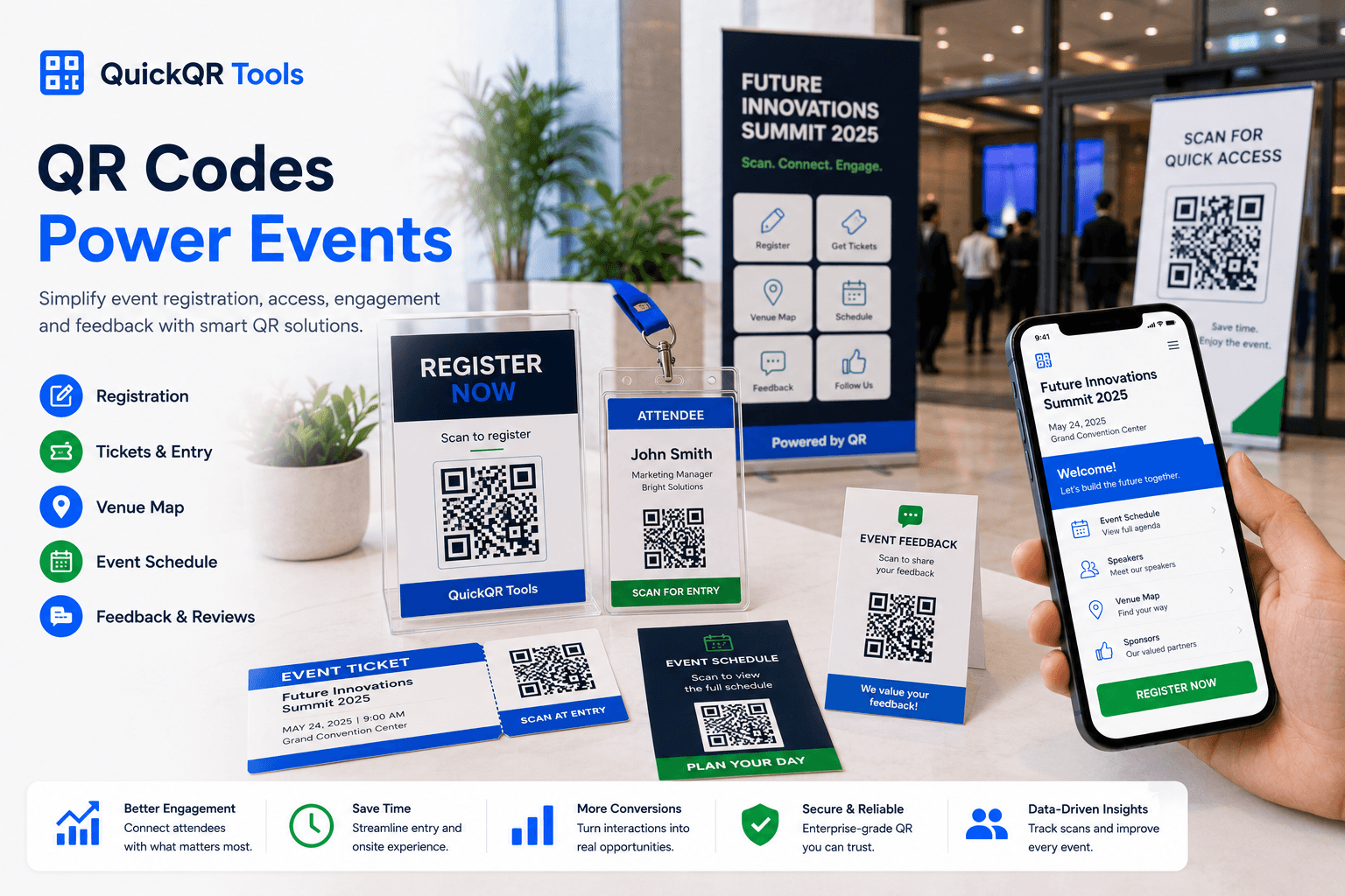 QR codes for events registration tickets schedules venue maps and attendee feedback