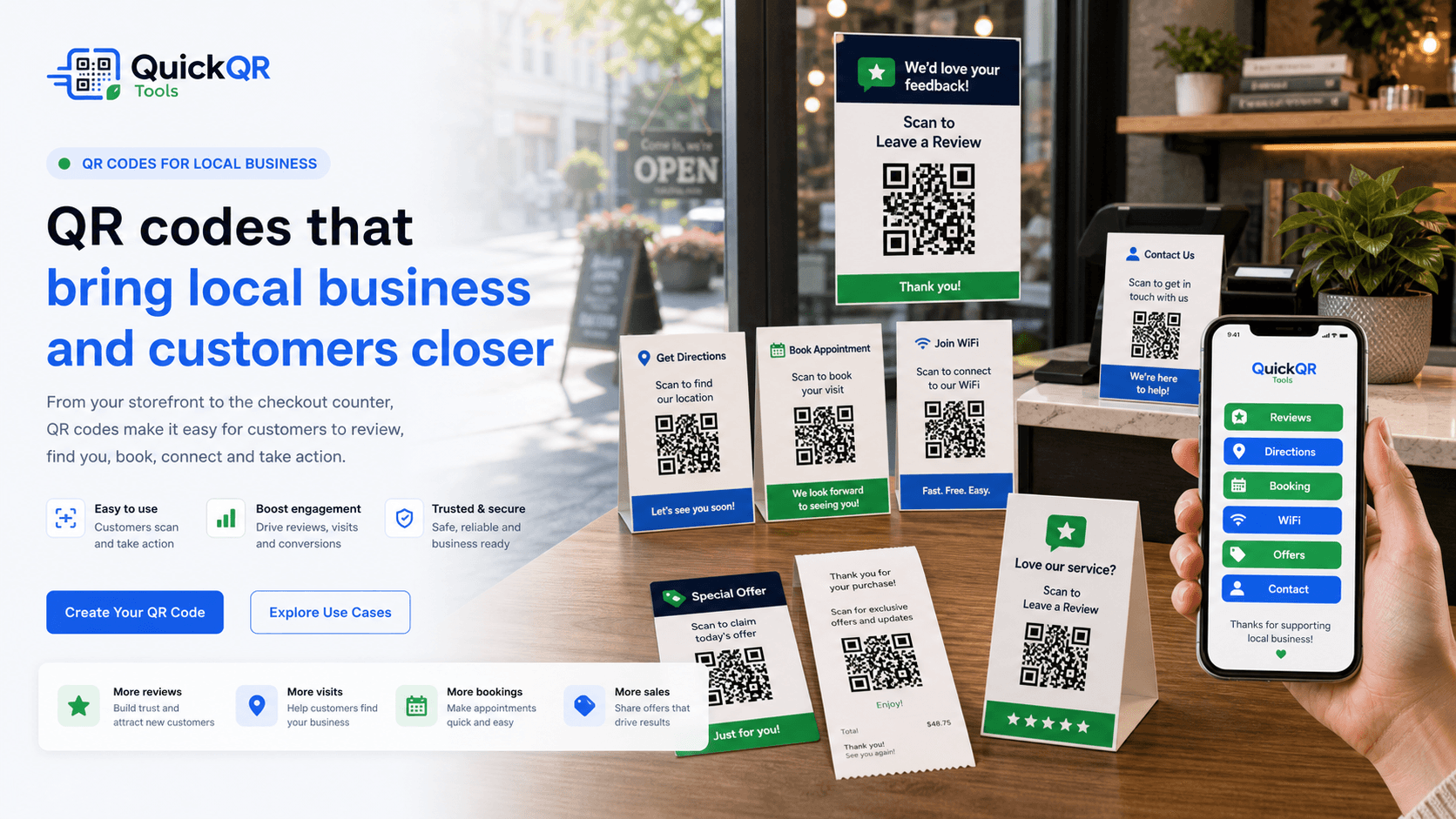 QR codes for local business reviews directions booking WiFi offers and contact cards