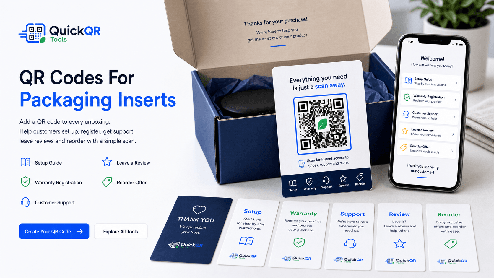 QR codes for packaging inserts setup warranty support reviews reorder offers and unboxing cards