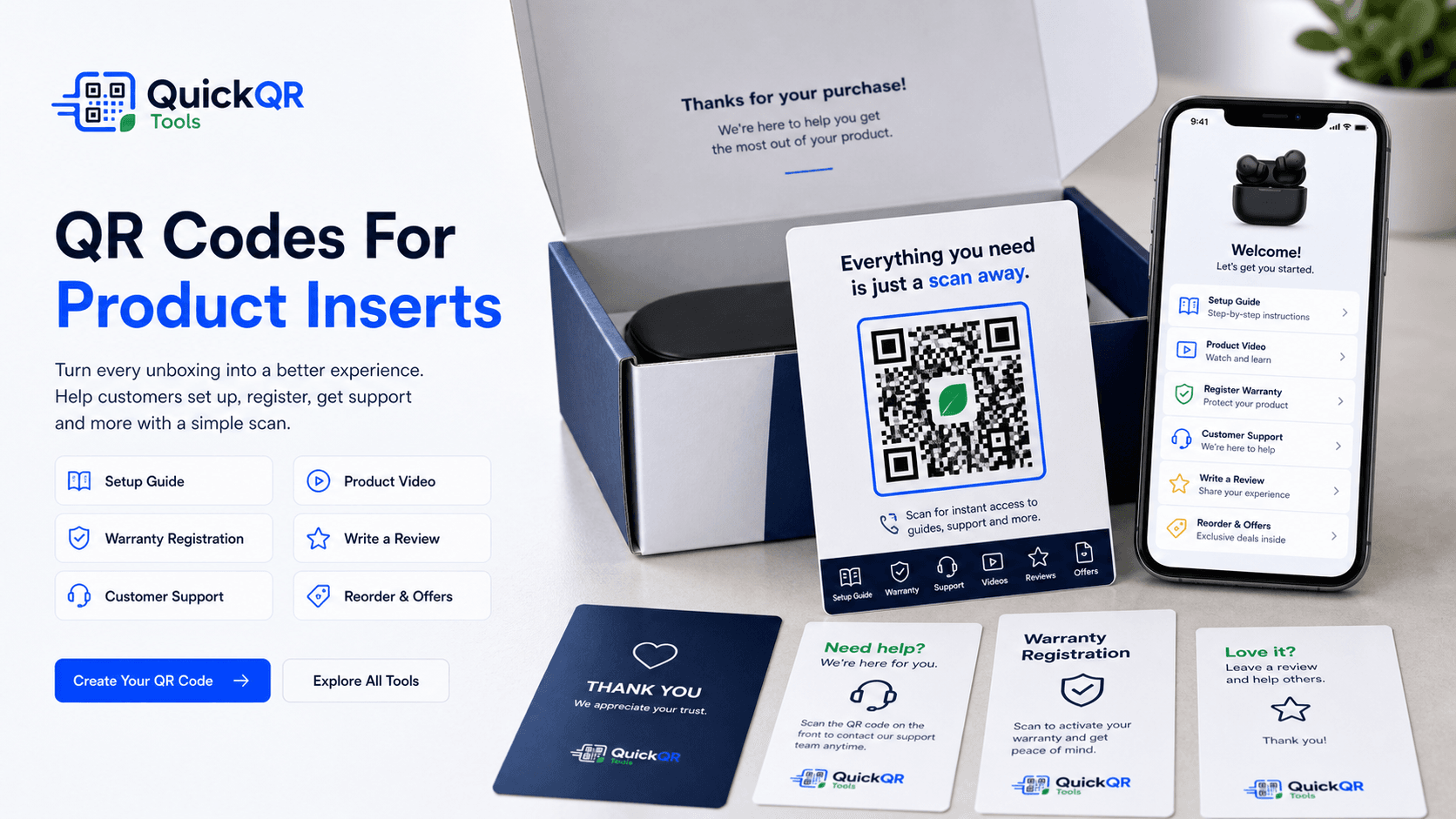 QR codes for product inserts setup guides warranty registration customer support reviews and reorder offers
