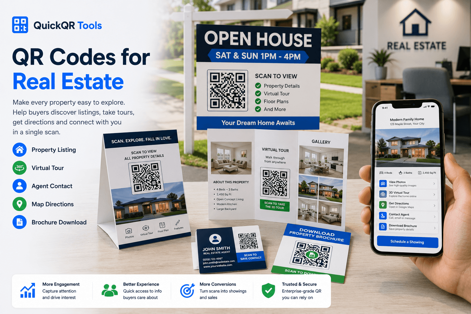 QR codes for real estate property listings open house signs agent contact cards and maps