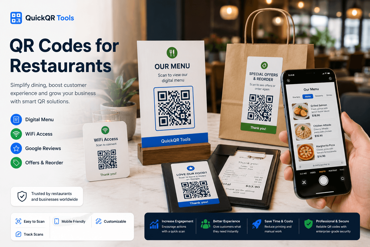 QR codes for restaurants for menus WiFi reviews table cards and guest actions