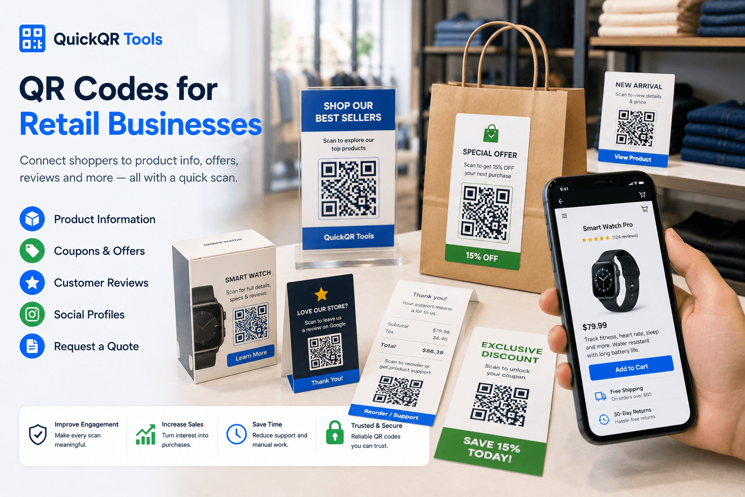 QR codes for retail product packaging coupons store displays and customer reviews