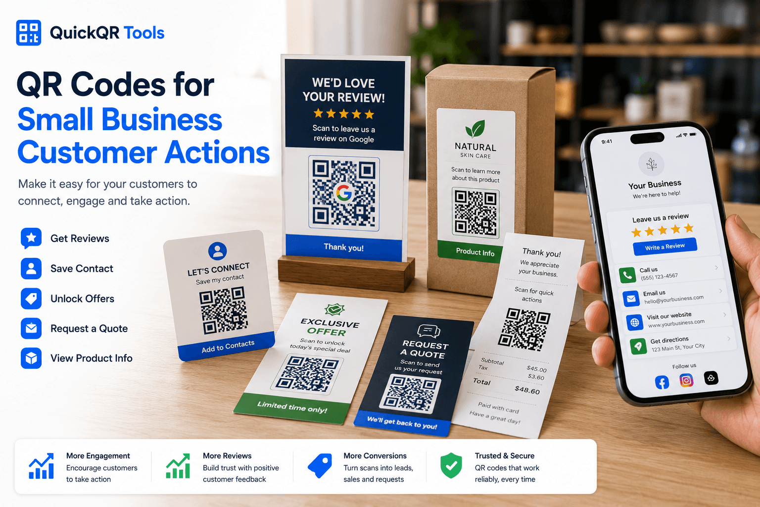 QR codes for small business for reviews offers contact details flyers and customer actions