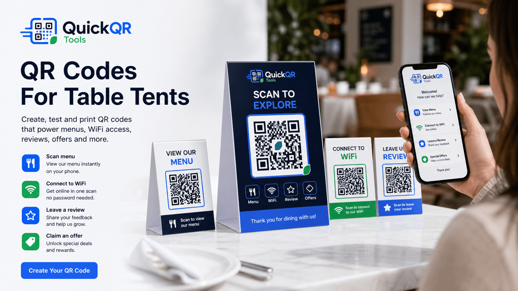 QR codes for table tents restaurant menu WiFi reviews offers and scan testing