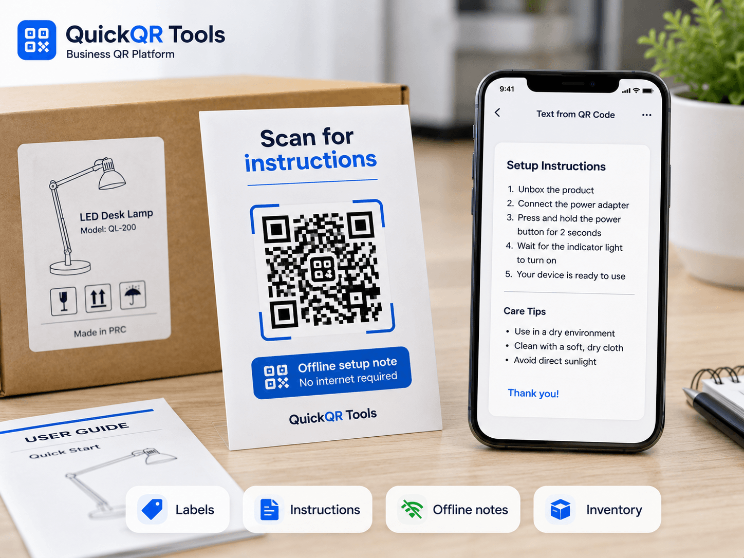 text qr code generator for offline notes labels and business instructions